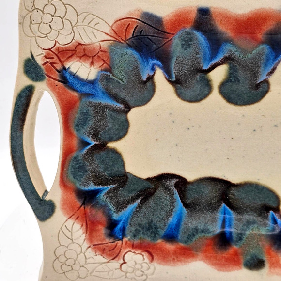 Studio Pottery Drip Glazed Trinket Dish Serving Tray with Handles 11.75x6.75 - Picture 2 of 6